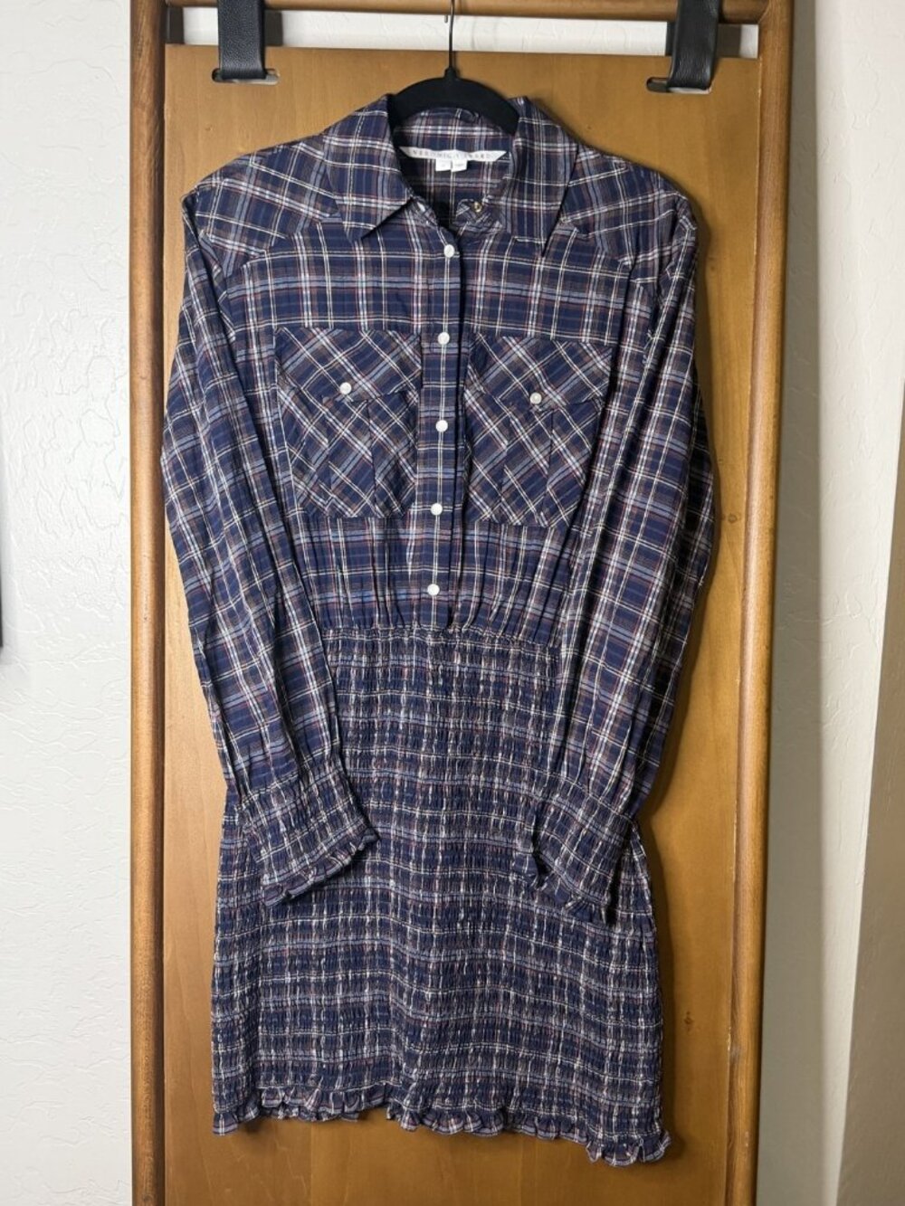 Veronica Beard Melnar Navy Plaid Smocked Mini Dress Size 0